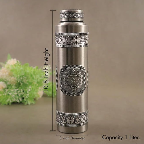 Stainless Steel Oxidised Worked Water Bottle 1000 ml | Durable, Leak-Proof, Easy Grip, Rust Free, Easy-to-Clean, Odour-Free Bottle with Secure Cap for School, Travel, Gym & Work (Silver)